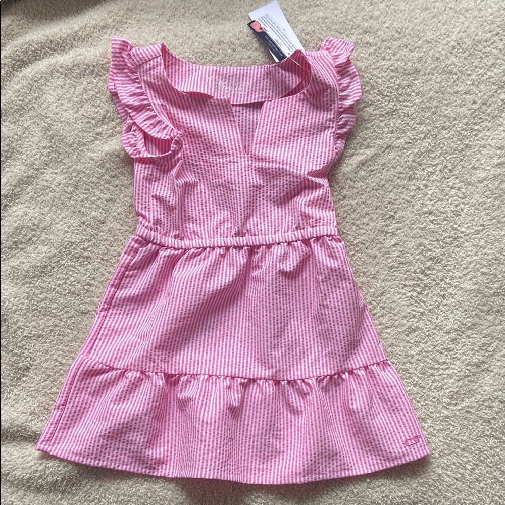 Vineyard Vines Pink Casual Dress with Cap Sleeves and Ruffled Skirt